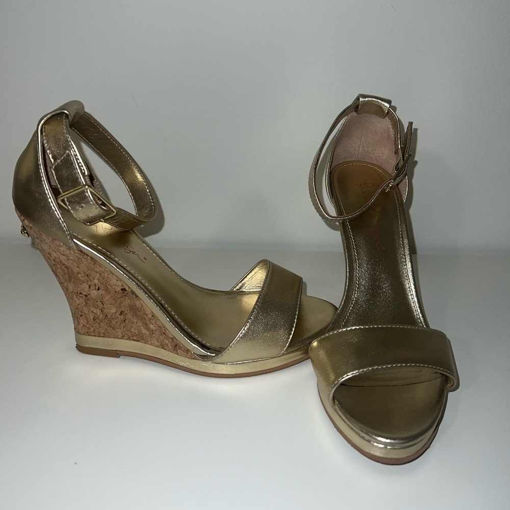 Lilly Pulitzer gold wedge heels